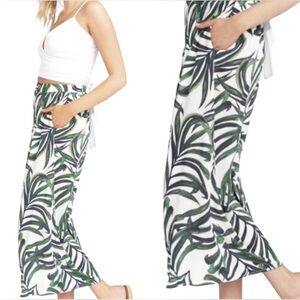 Joie Size 8 Linen Blend Palm Leaf Print Crop Wide Leg Pant Tie Font White Green